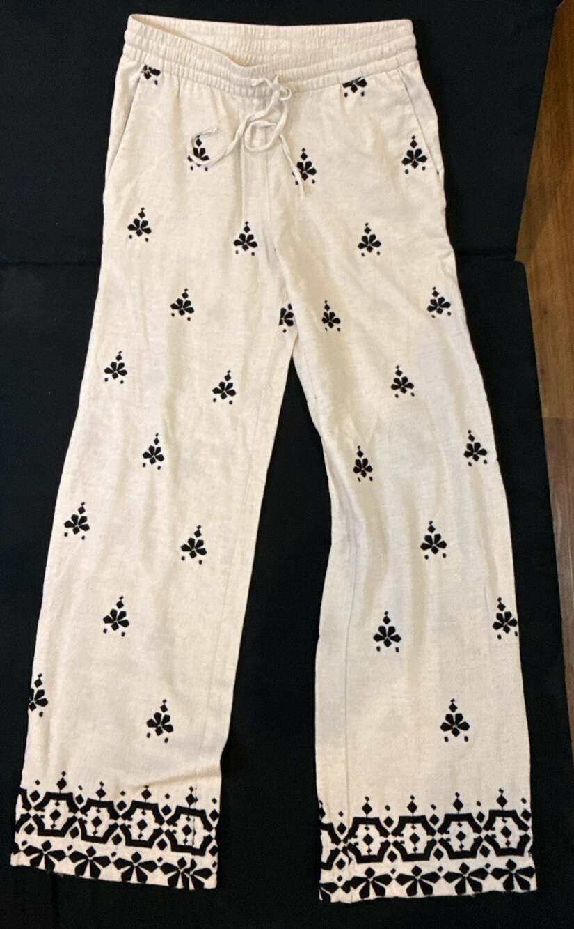 Zara Embroidered Wide Leg Pants Size S White Black Boho